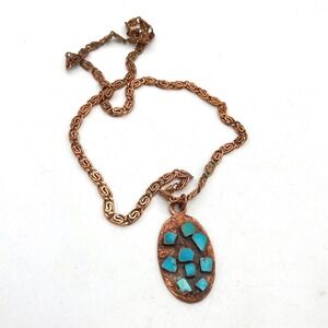 Vintage Bell Trading Post Copper Turquoise Chip Inlay Oval Pendant Necklace